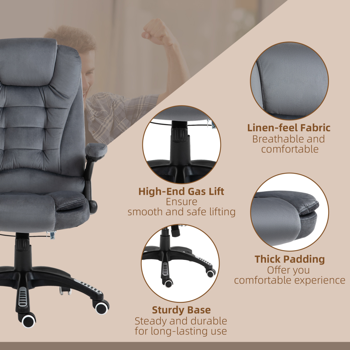 Executive Reclining Chair w/ Heating Massage Points Relaxing Headrest Grey
