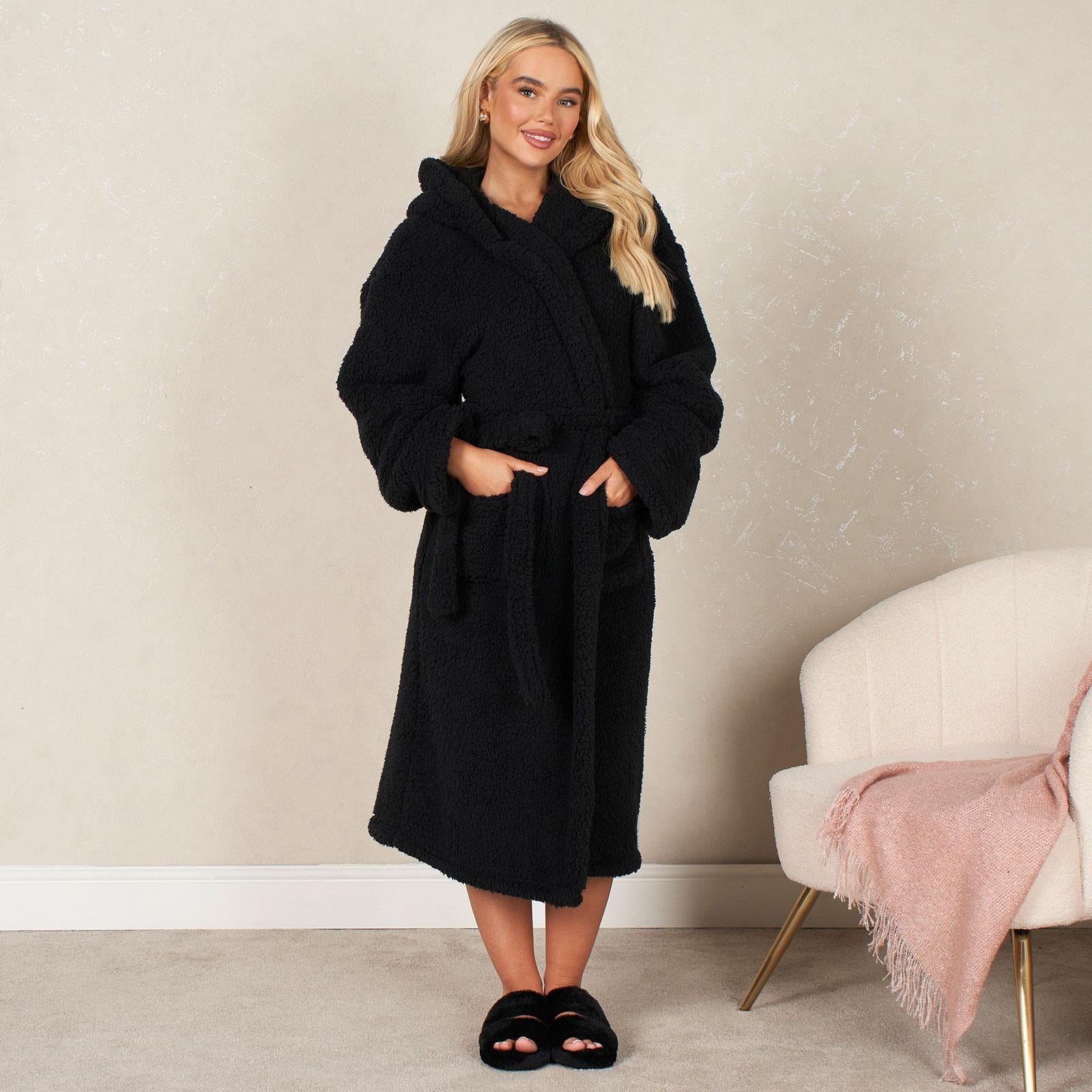 Luxurious Teddy Fleece Hooded Long Dressing Gown - Warm & Cosy Robe for Ladies