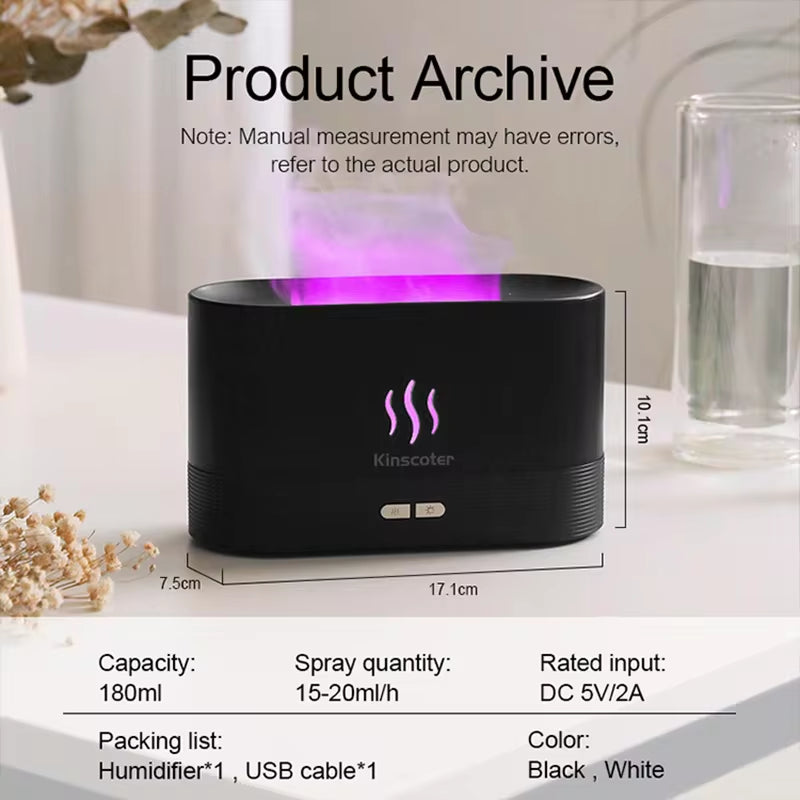 Ultrasonic Aroma Diffuser & Humidifier - LED Essential Oil Flame Lamp with Cool Mist Fogger
