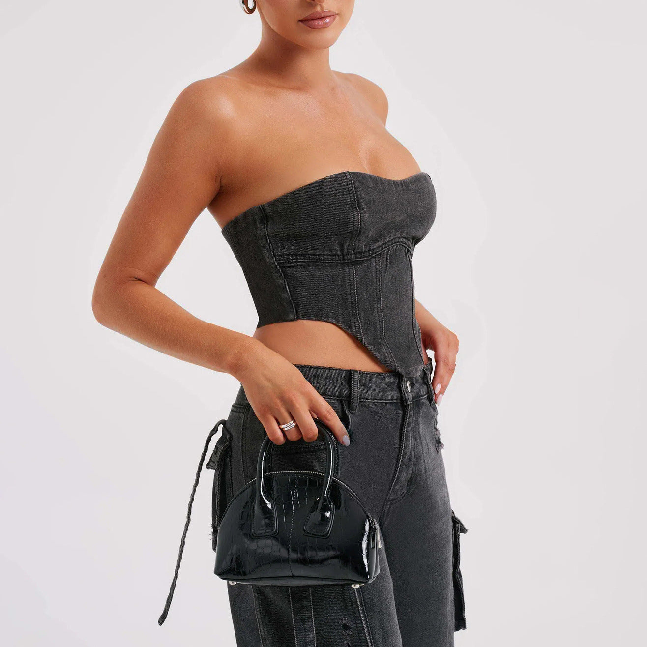 Chic Women's Low Waist Three-Dimensional Tube Top Jeans with Pocket Stitching