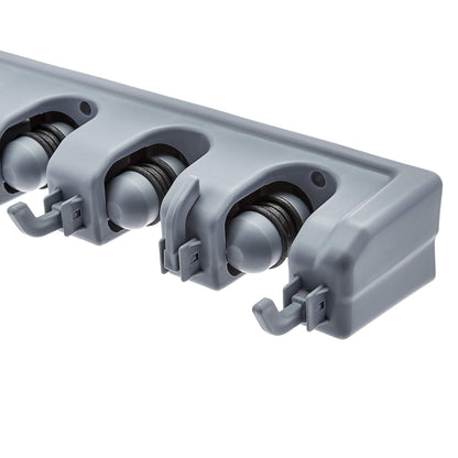 Space-Saving Rectangular Wall Mount Broom Holder & Garden Tool Organizer with 6 Hooks & 5 Slots - Sleek Gray Design (43 x 8.5 x 6.2 cm)