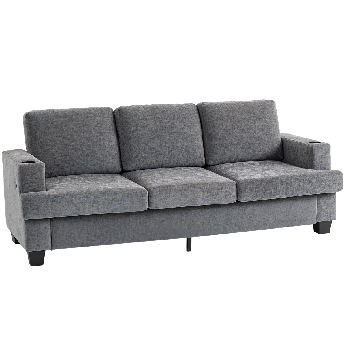 HOMCOM 3 Seater Sofa, Fabric Sofa with USB Ports and Cup Holders, Grey