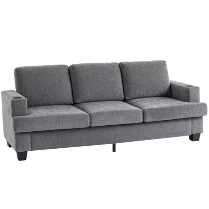 HOMCOM 3 Seater Sofa, Fabric Sofa with USB Ports and Cup Holders, Grey