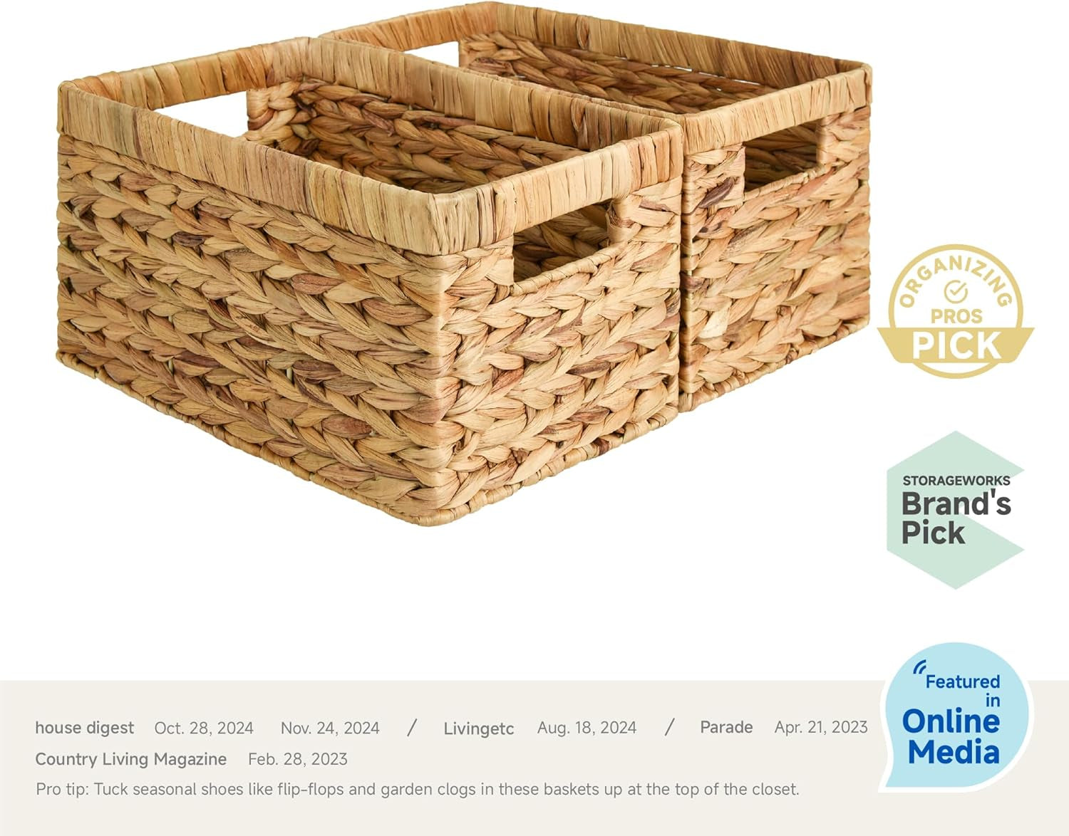 Stylish Wicker Storage Baskets with Handles - 2-Pack Large Rectangular Organizers for Pantry & Bathroom in Natural Water Hyacinth