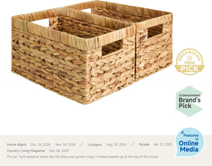 Stylish Wicker Storage Baskets with Handles - 2-Pack Large Rectangular Organizers for Pantry & Bathroom in Natural Water Hyacinth
