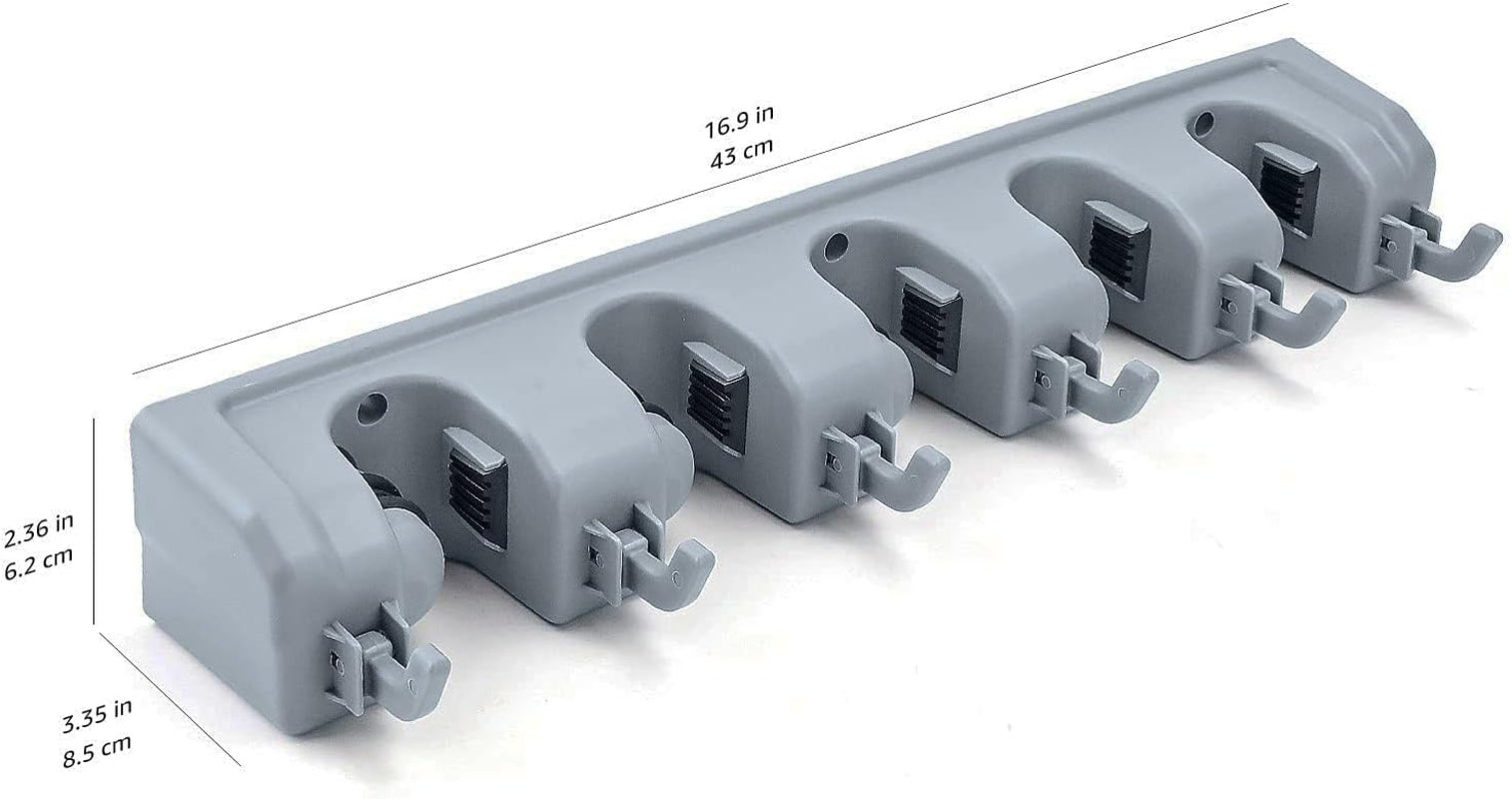 Space-Saving Rectangular Wall Mount Broom Holder & Garden Tool Organizer with 6 Hooks & 5 Slots - Sleek Gray Design (43 x 8.5 x 6.2 cm)