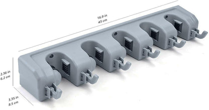 Space-Saving Rectangular Wall Mount Broom Holder & Garden Tool Organizer with 6 Hooks & 5 Slots - Sleek Gray Design (43 x 8.5 x 6.2 cm)