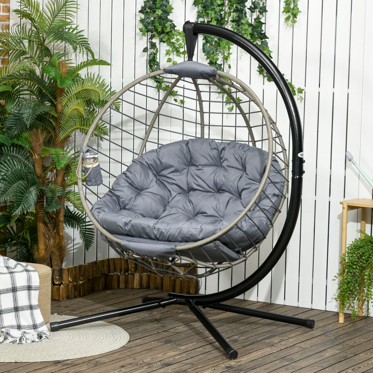 Outsunny PE Rattan Hanging Swing Chair w/ Stand & Cup Holder, Grey