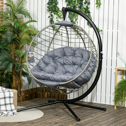 Outsunny PE Rattan Hanging Swing Chair w/ Stand & Cup Holder, Grey
