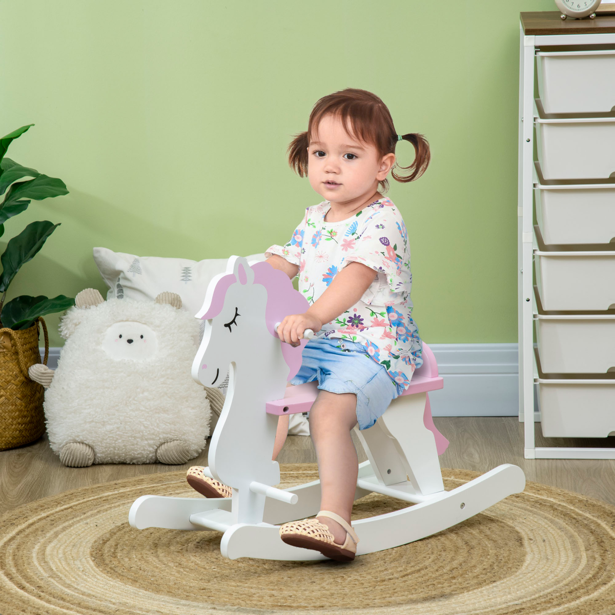 Kids Wooden Ride On Toy, Rocking Horse w/ Handlebar, Foot Pedal, Pink