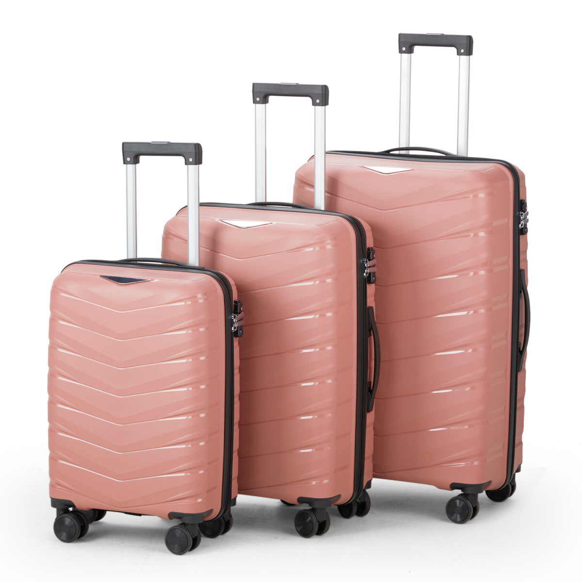V-shaped stripes 3-in-1 PP trolley case 20in 24in 28in PP iron trolley fashionable color - rose gold (grain pattern)