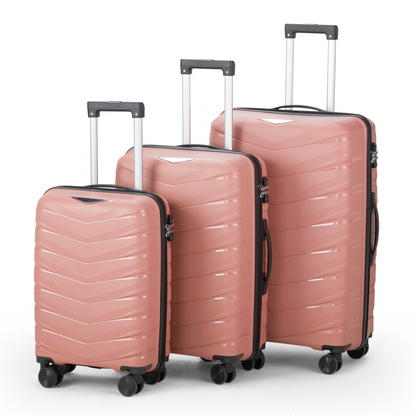 V-shaped stripes 3-in-1 PP trolley case 20in 24in 28in PP iron trolley fashionable color - rose gold (grain pattern)