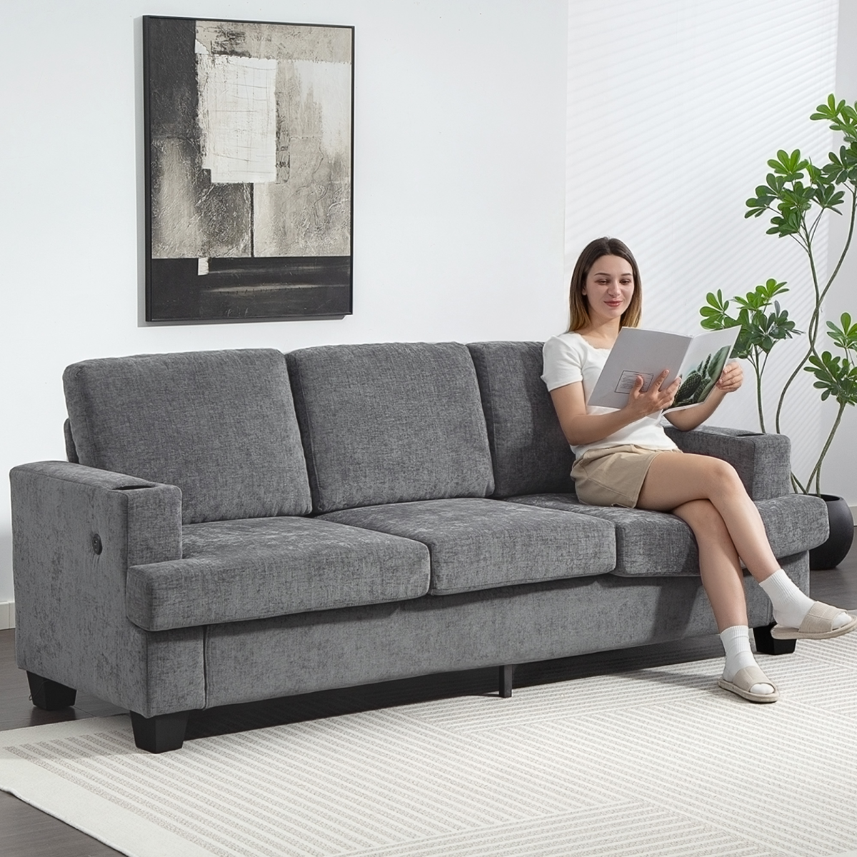 HOMCOM 3 Seater Sofa, Fabric Sofa with USB Ports and Cup Holders, Grey