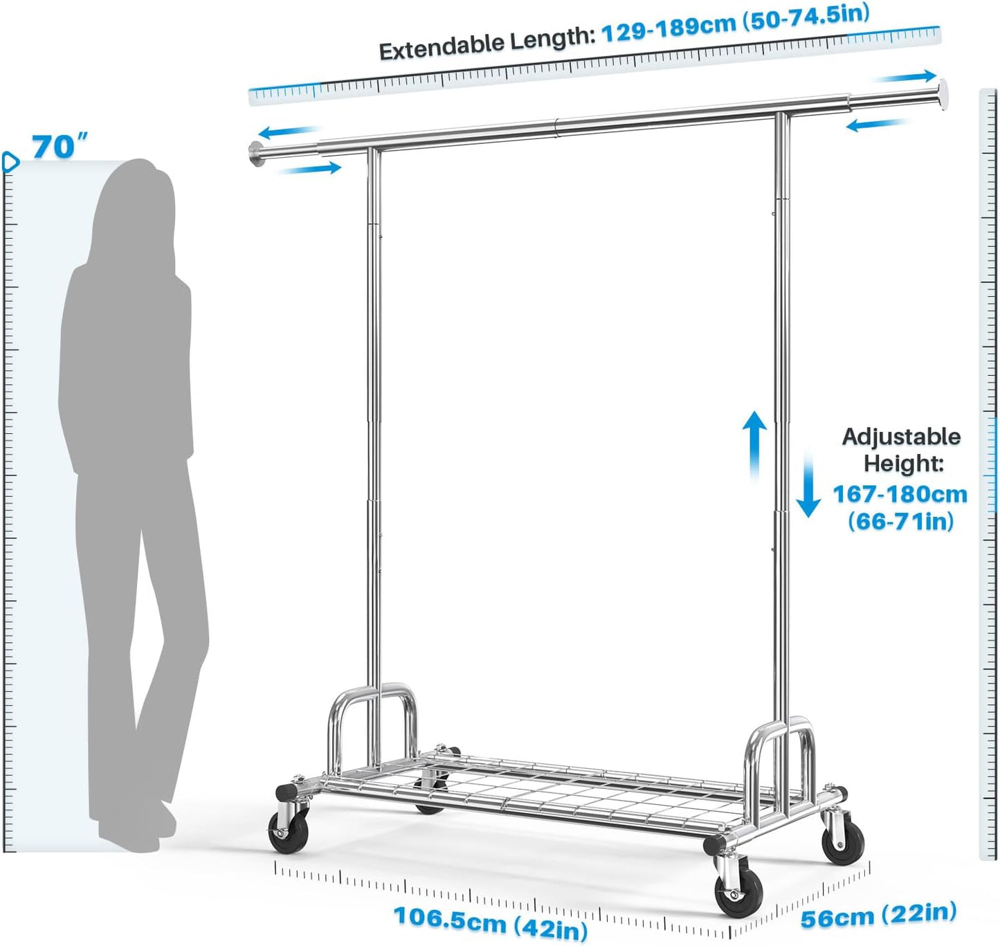 Sturdy Extendable Clothes Rail with Lockable Wheels & Shelves - 238Kg Capacity, Perfect for Space-Saving in Bedrooms, Apartments, & Laundry Rooms - Sleek Silver Design