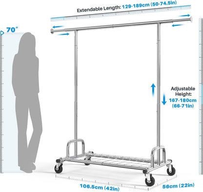Sturdy Extendable Clothes Rail with Lockable Wheels & Shelves - 238Kg Capacity, Perfect for Space-Saving in Bedrooms, Apartments, & Laundry Rooms - Sleek Silver Design