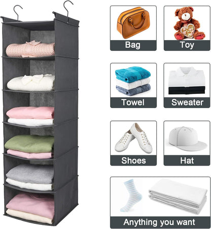 Maximize Your Space with a 6-Tier Hanging Closet Organizer - Foldable & Sturdy Hooks (Grey)
