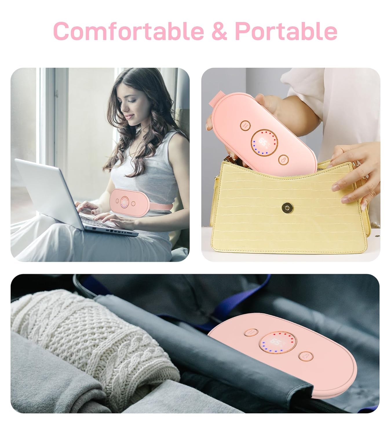 Cordless Rechargeable Heating Pad with 6 Heat Levels & Massage Modes - Perfect Relief for Period Cramps - Stylish Pink Gift for Women & Girls