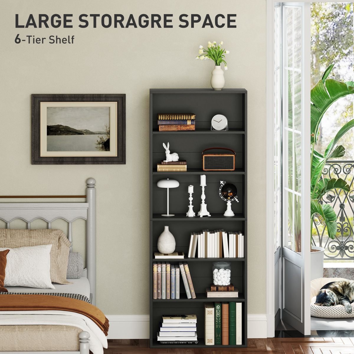 HOMCOM 6 Tier Bookshelf, Freestanding Bookcase with Adjustable Shelves, Black