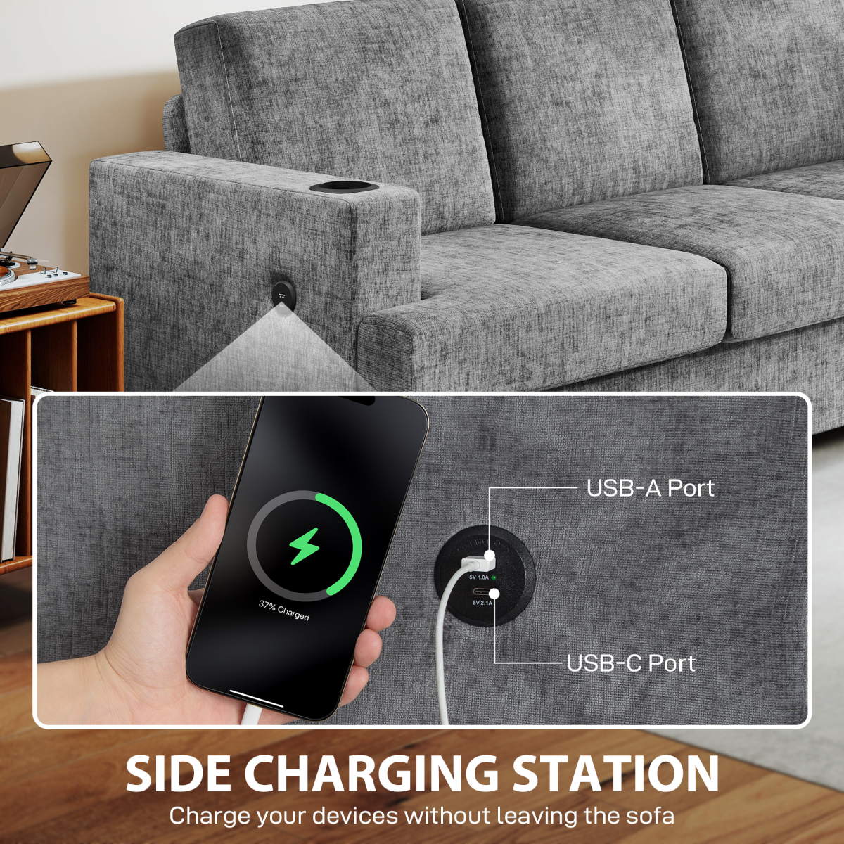 HOMCOM 3 Seater Sofa, Fabric Sofa with USB Ports and Cup Holders, Grey