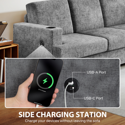 HOMCOM 3 Seater Sofa, Fabric Sofa with USB Ports and Cup Holders, Grey