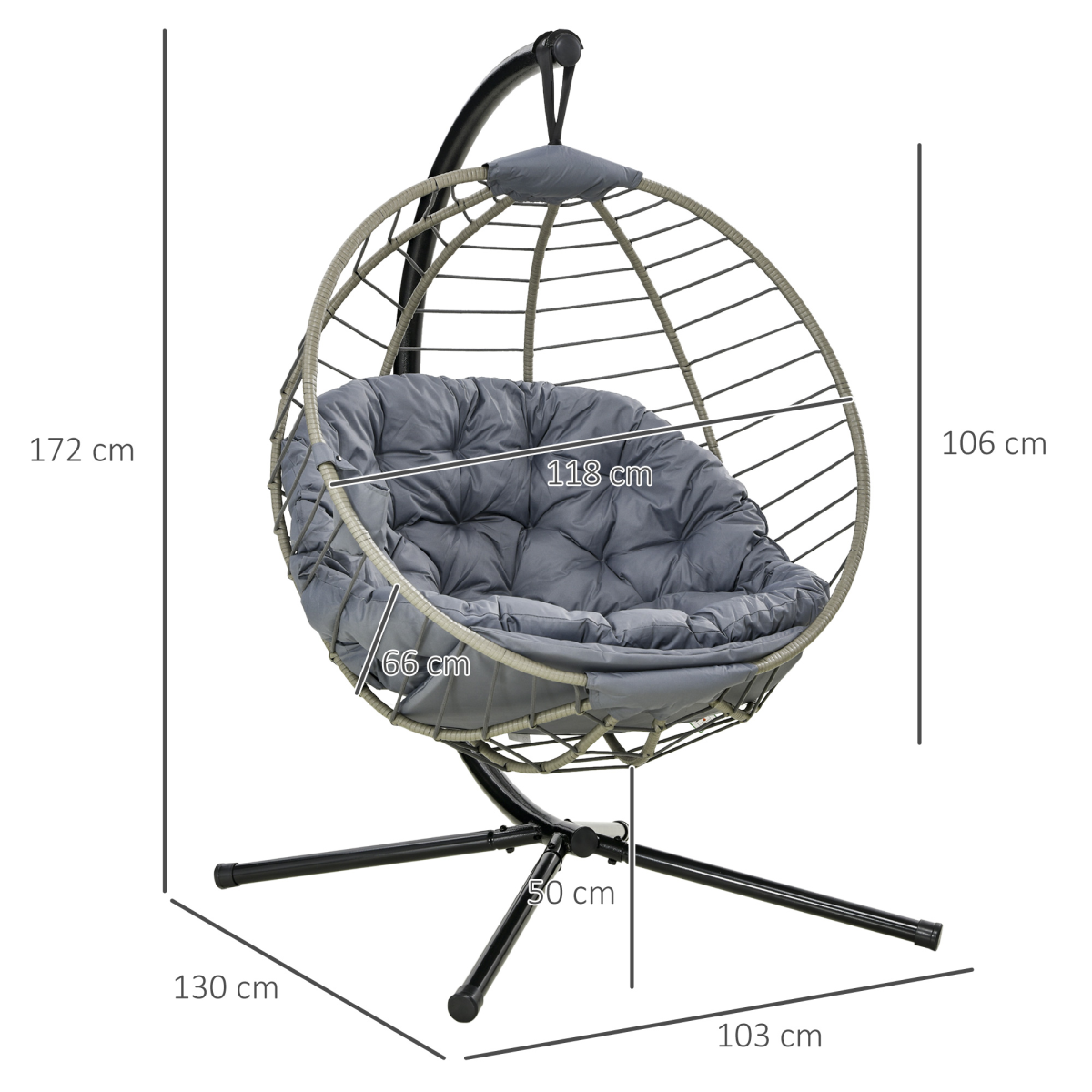 Outsunny PE Rattan Hanging Swing Chair w/ Stand & Cup Holder, Grey
