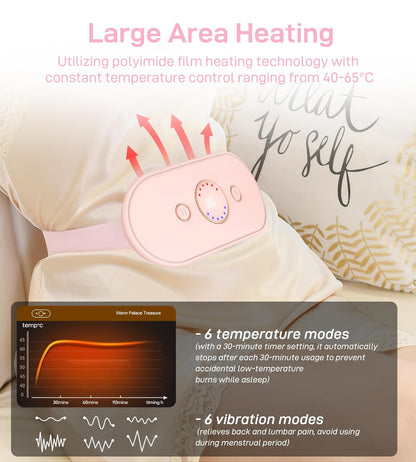 Cordless Rechargeable Heating Pad with 6 Heat Levels & Massage Modes - Perfect Relief for Period Cramps - Stylish Pink Gift for Women & Girls