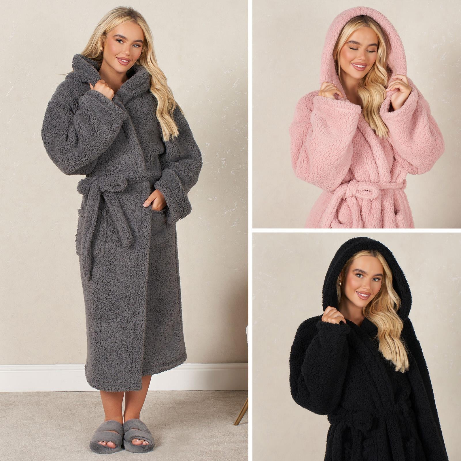 Luxurious Teddy Fleece Hooded Long Dressing Gown - Warm & Cosy Robe for Ladies