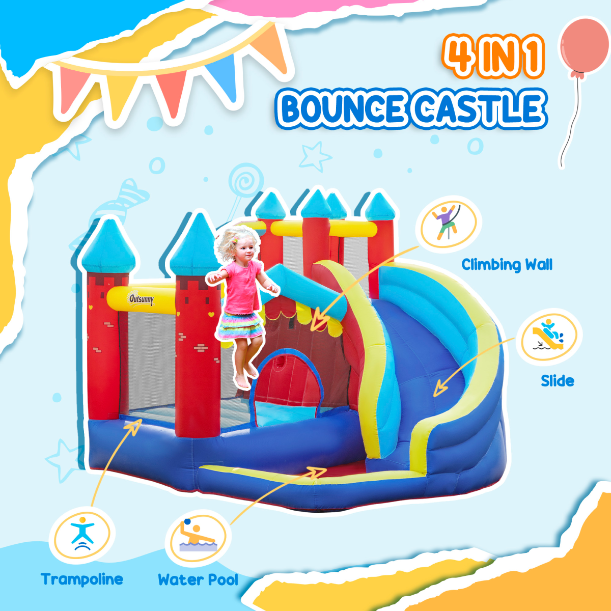 Kids Bouncy Castle with Slide Pool Trampoline Climbing Wall w/ Blower
