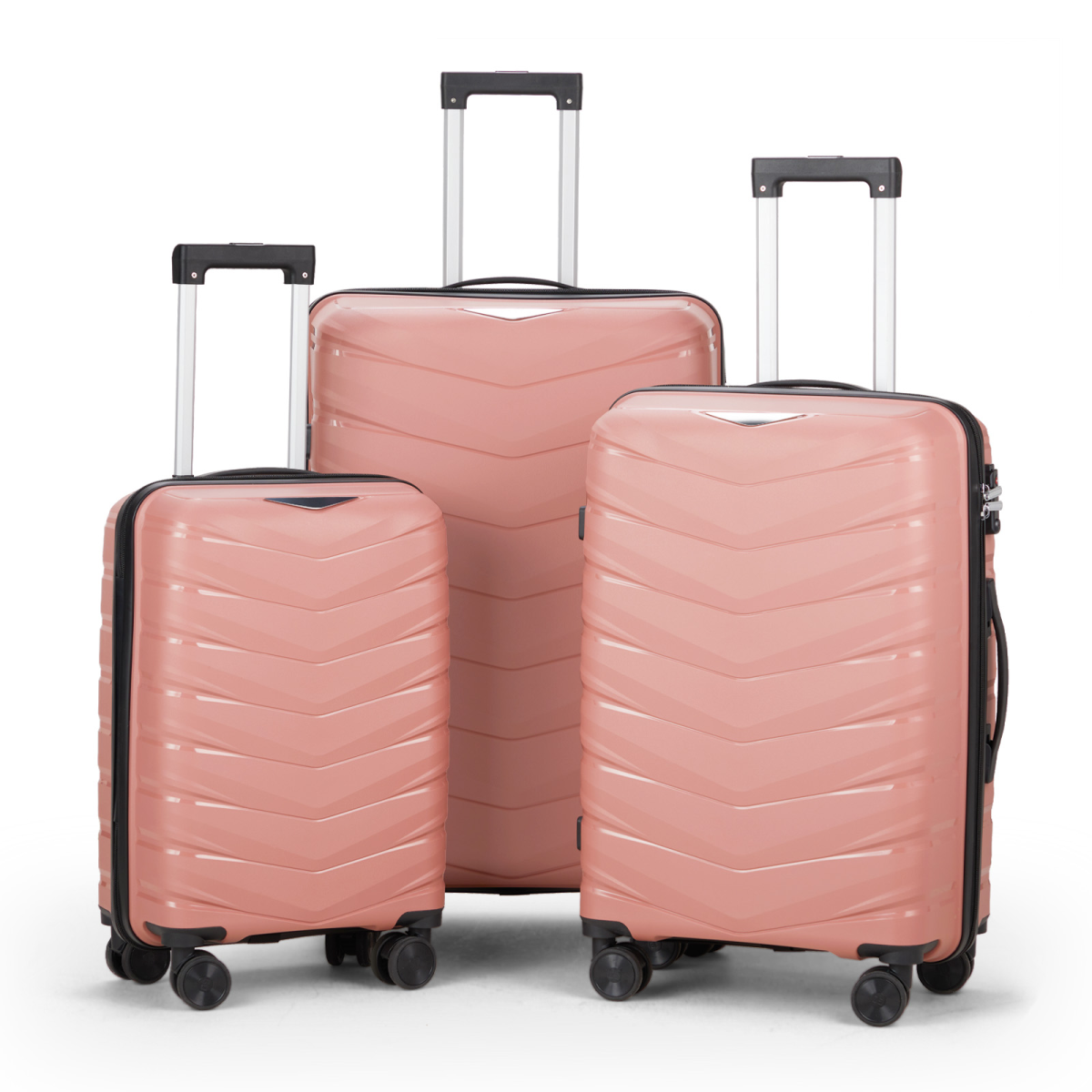 V-shaped stripes 3-in-1 PP trolley case 20in 24in 28in PP iron trolley fashionable color - rose gold (grain pattern)