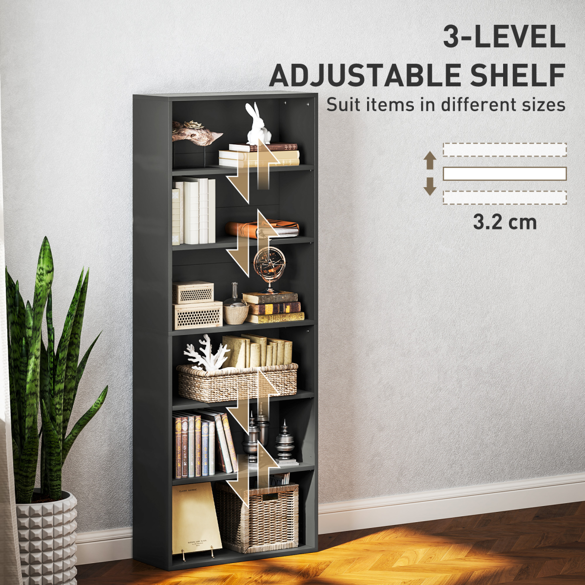 HOMCOM 6 Tier Bookshelf, Freestanding Bookcase with Adjustable Shelves, Black
