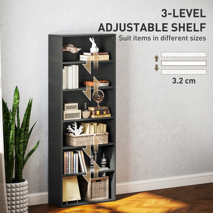 HOMCOM 6 Tier Bookshelf, Freestanding Bookcase with Adjustable Shelves, Black