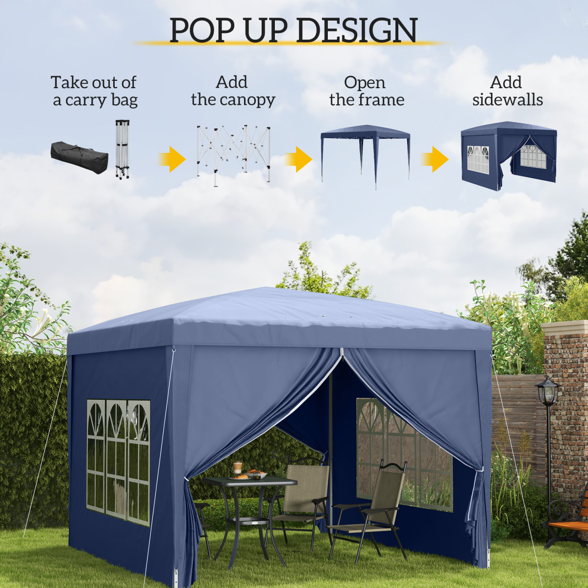 3mx3m Pop Up Gazebo Party Tent Canopy Marquee with Storage Bag Blue