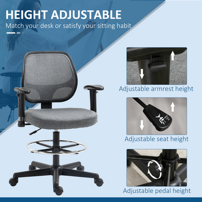 Drafting Chair Tall Office Stand Desk Chair  Foot Ring, Arm, Wheel Vinsetto