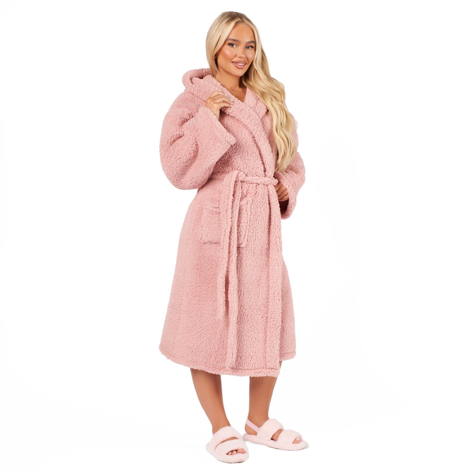 Luxurious Teddy Fleece Hooded Long Dressing Gown - Warm & Cosy Robe for Ladies