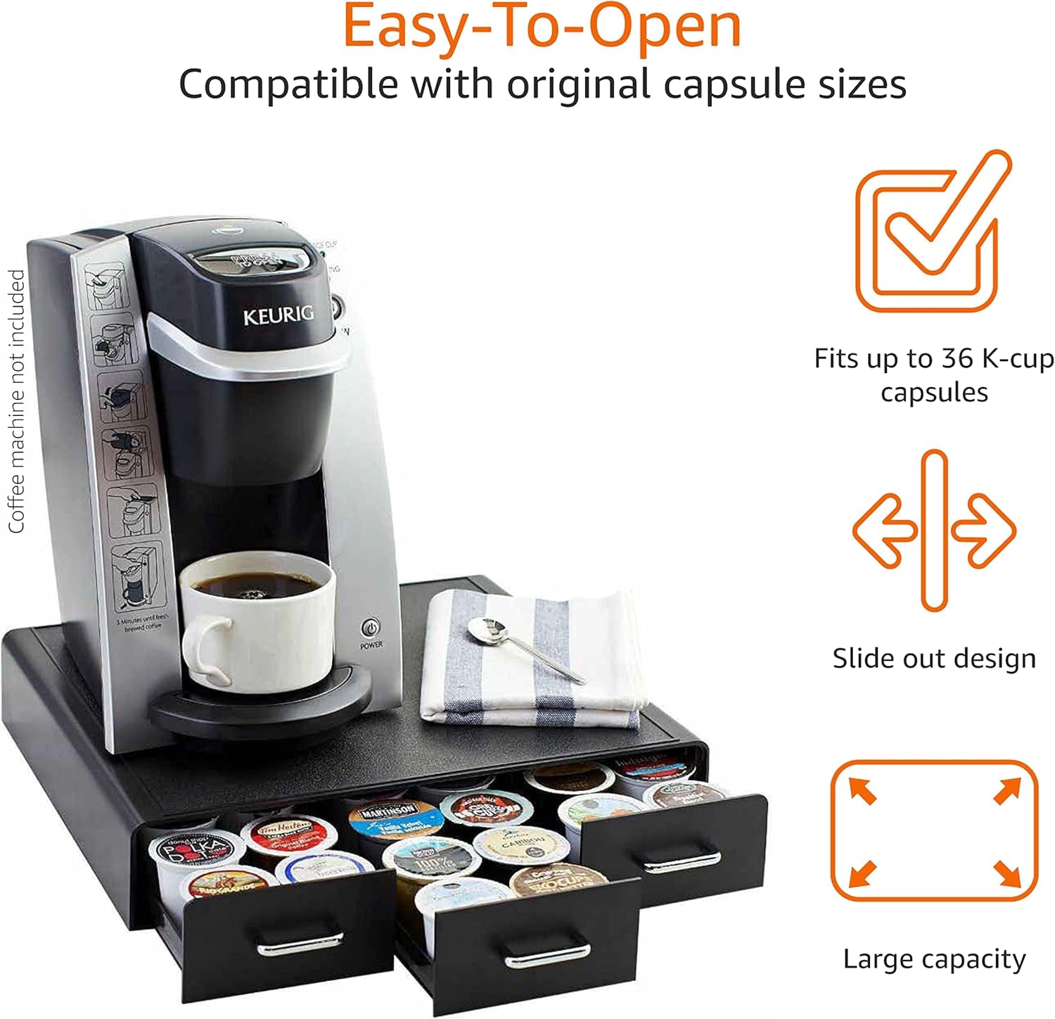 Sleek Black Coffee Pods Storage Drawer - Holds 36 K-Cup Pods for Easy Access
