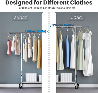 Sturdy Extendable Clothes Rail with Lockable Wheels & Shelves - 238Kg Capacity, Perfect for Space-Saving in Bedrooms, Apartments, & Laundry Rooms - Sleek Silver Design