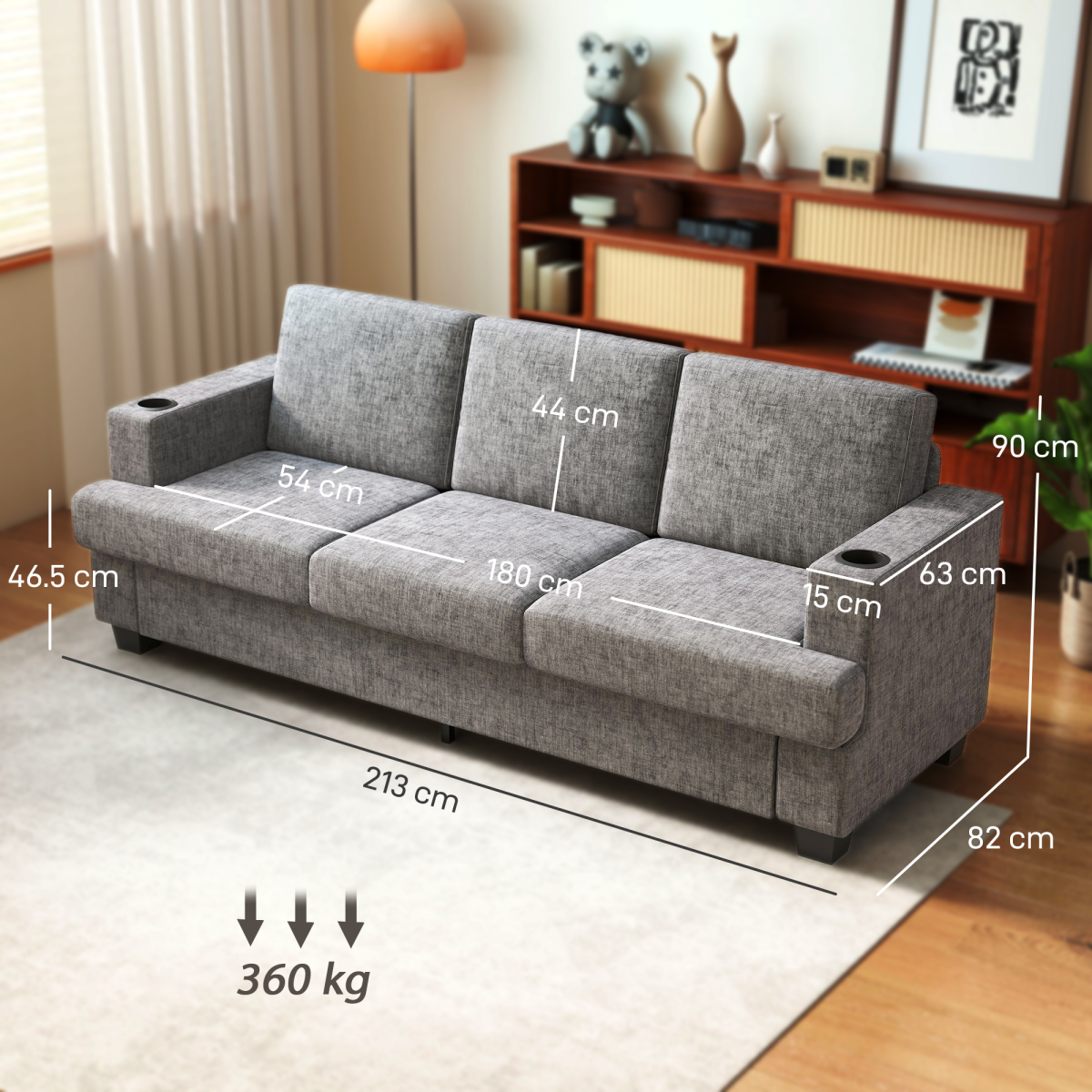 HOMCOM 3 Seater Sofa, Fabric Sofa with USB Ports and Cup Holders, Grey