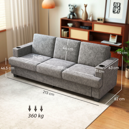 HOMCOM 3 Seater Sofa, Fabric Sofa with USB Ports and Cup Holders, Grey