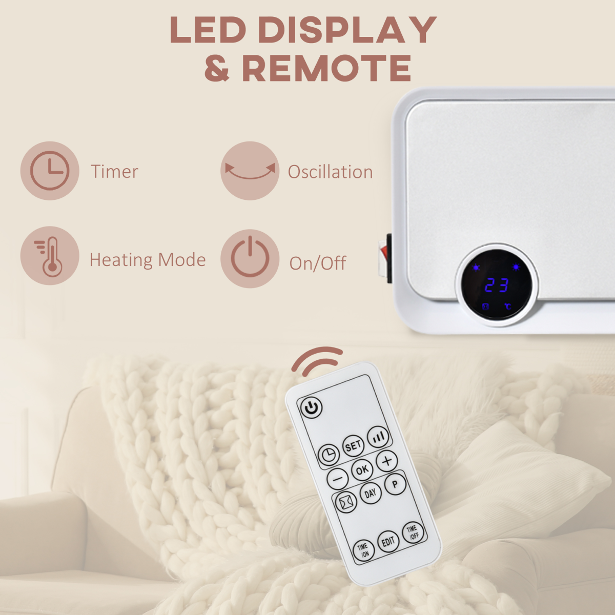 Wall Mounted Downflow Ceramic Heater with 12h  Timer, Remote