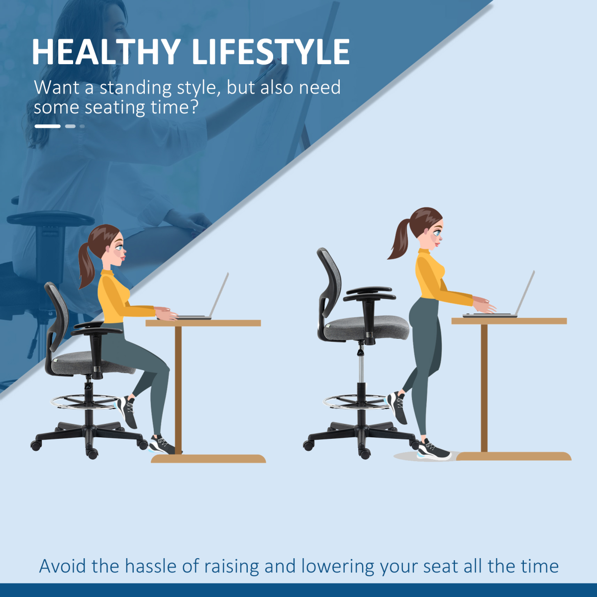 Drafting Chair Tall Office Stand Desk Chair  Foot Ring, Arm, Wheel Vinsetto