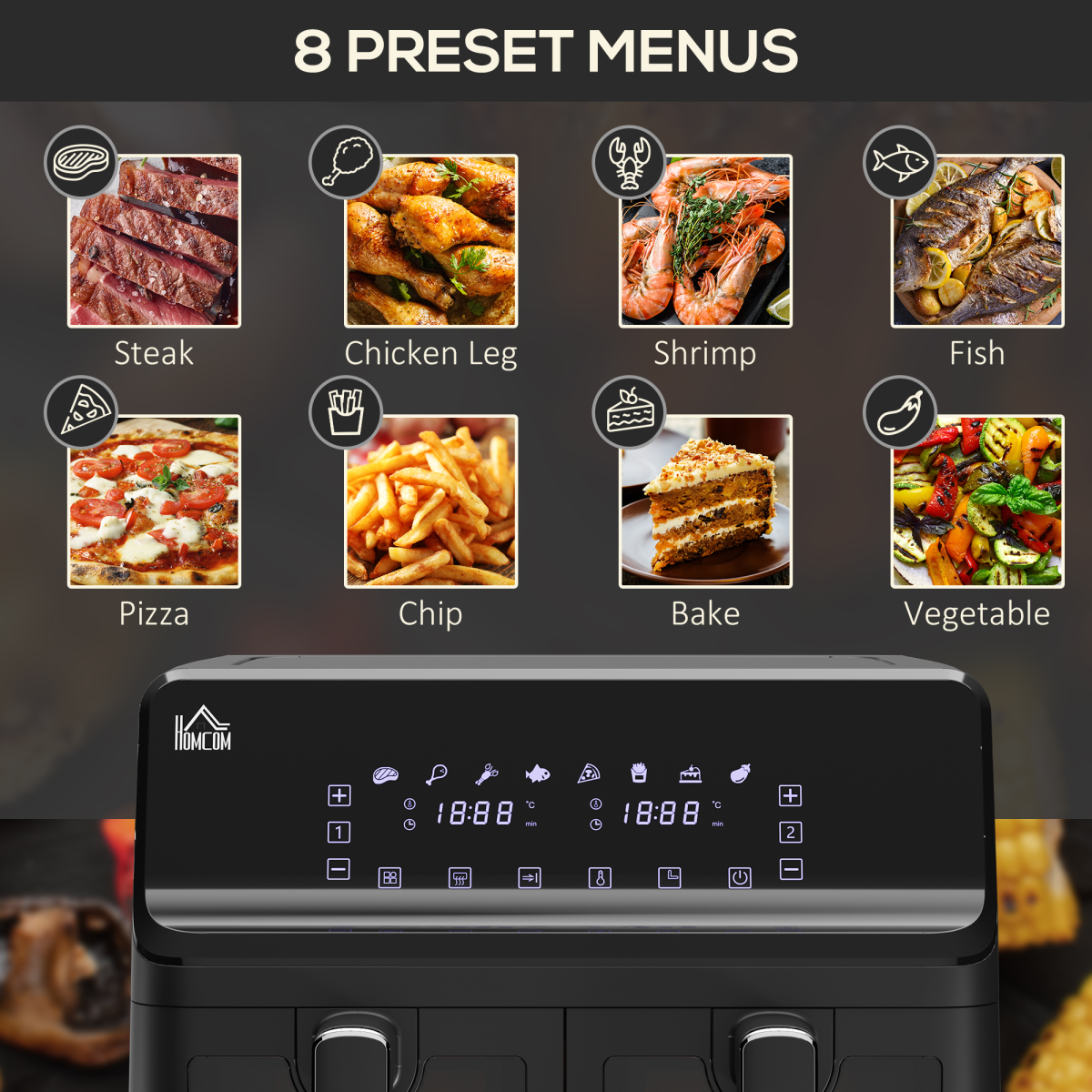 Dual Air Fryer 8L Family Size w/ 2 Basket 8 Presets Cookbook Timer 2500W