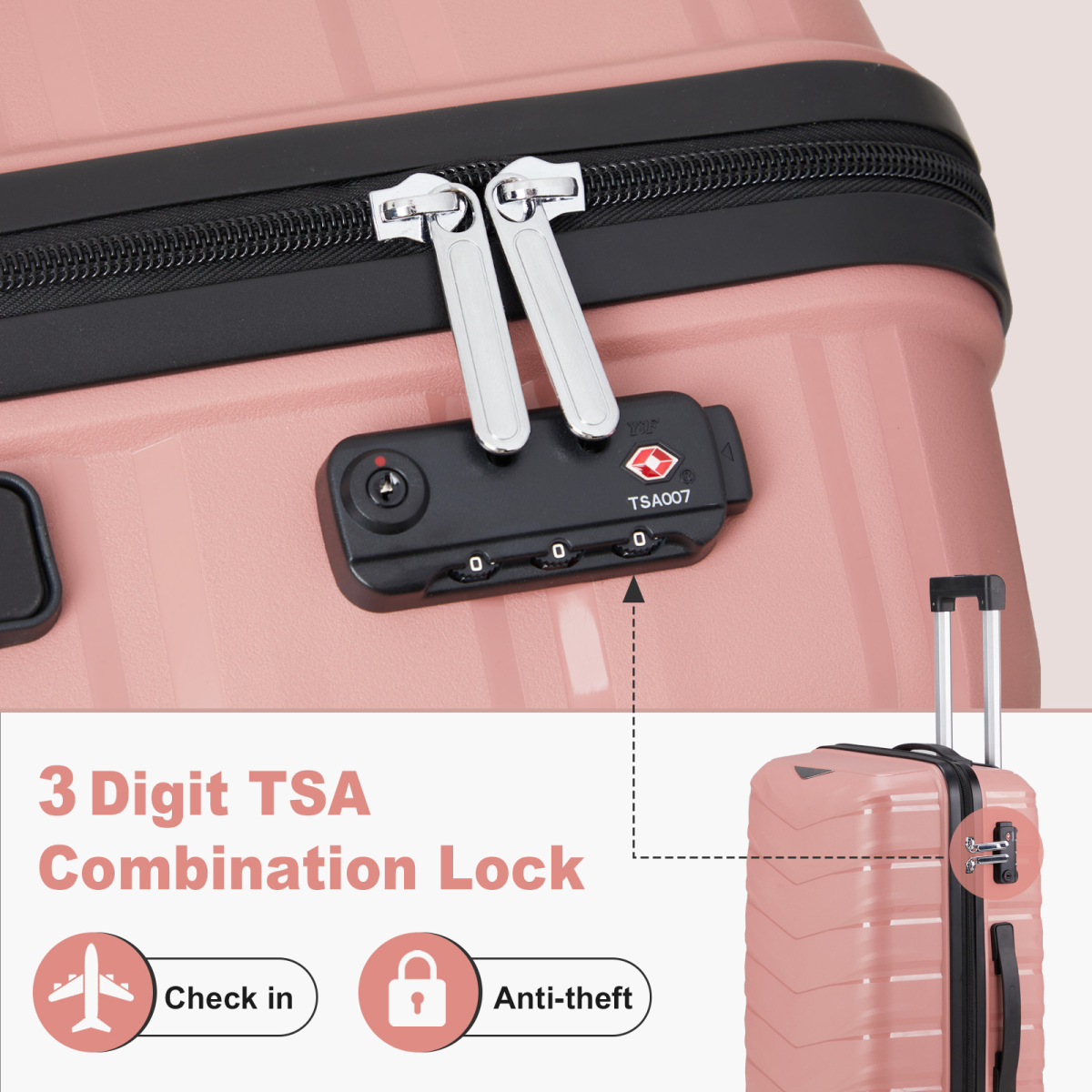 V-shaped stripes 3-in-1 PP trolley case 20in 24in 28in PP iron trolley fashionable color - rose gold (grain pattern)