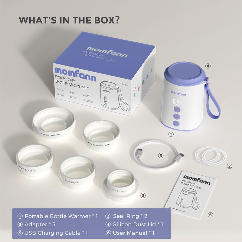 Momfann Portable Travel Bottle Warmer, 2 Modes 4 Temp Baby Bottle Warmer for Breastmilk, Leak-Proof & Fast Heating & Auto Warm-Keeping (5 Adapters)