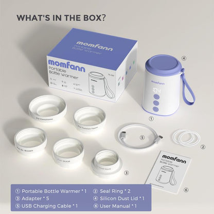 Momfann Portable Travel Bottle Warmer, 2 Modes 4 Temp Baby Bottle Warmer for Breastmilk, Leak-Proof & Fast Heating & Auto Warm-Keeping (5 Adapters)