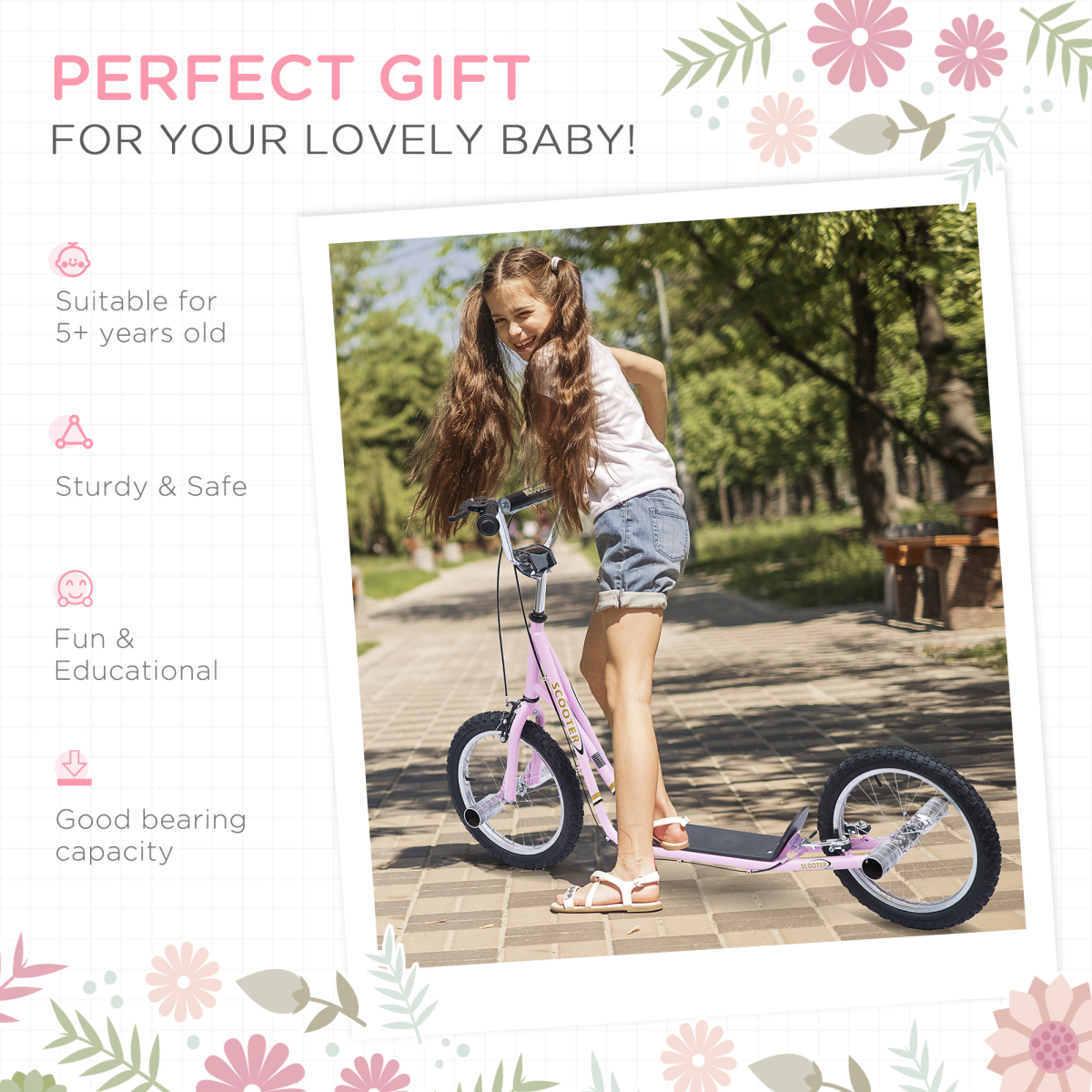 Teen Scooter Children Stunt Scooter 16" Tyres Adjustable Height, Pink