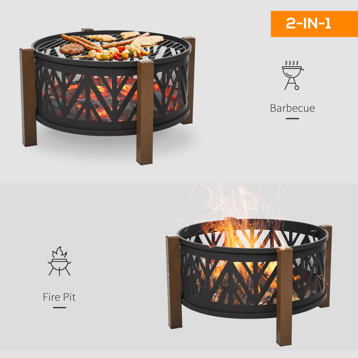 2-in-1 Outdoor Fire Pit Bowl with BBQ Grill Grate 30" Spark Screen Cover