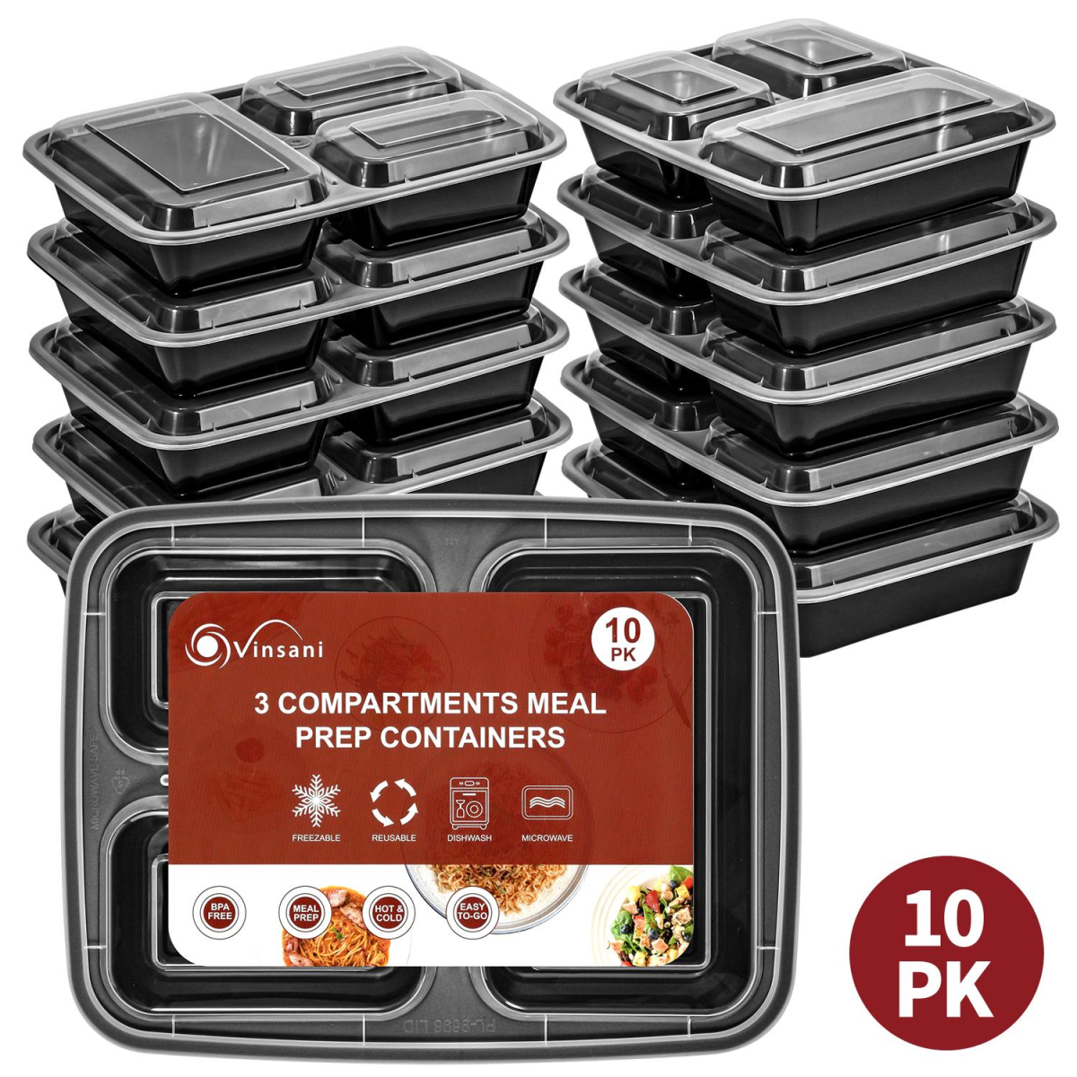 VINSANI 10pk 3 COMPARTMENTS MEAL PREP CONTAINERS 1010425 X 2