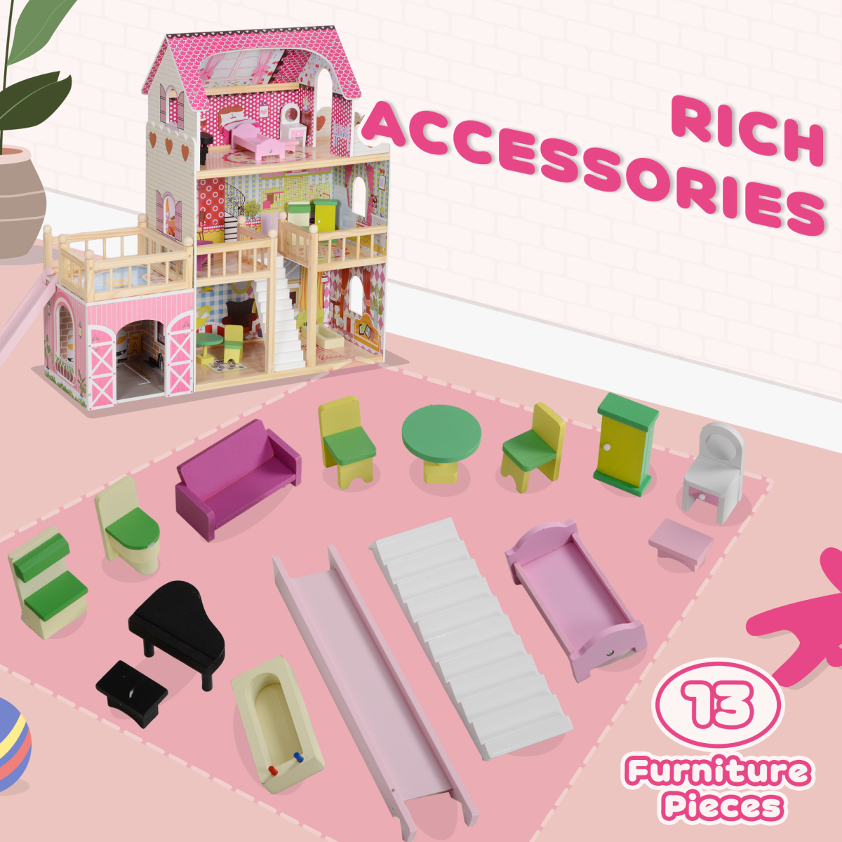 AIYAPLAY Dolls House with 13 Pieces Wooden Furniture and Accessories