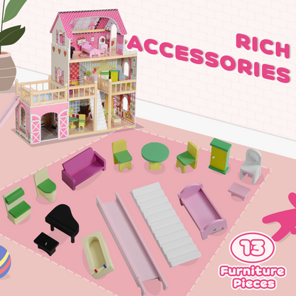 AIYAPLAY Dolls House with 13 Pieces Wooden Furniture and Accessories