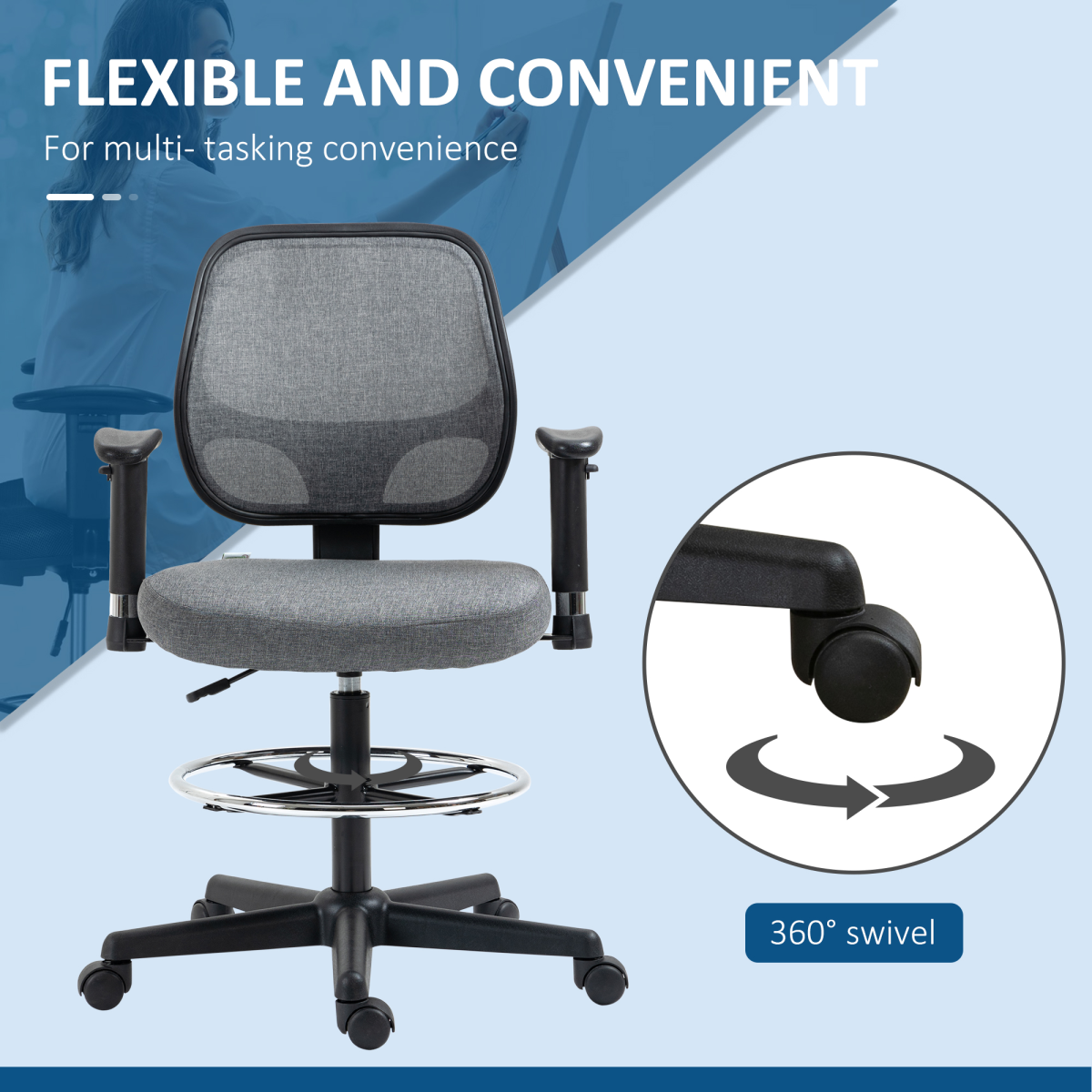 Drafting Chair Tall Office Stand Desk Chair  Foot Ring, Arm, Wheel Vinsetto